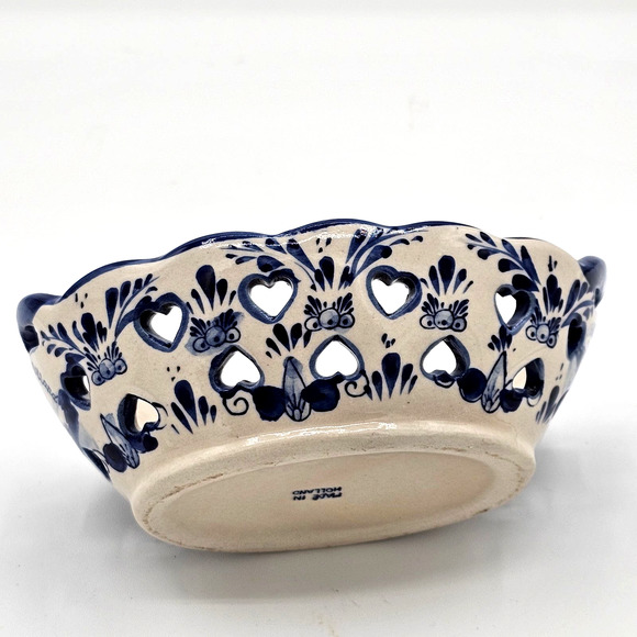 Delft Hand Painted Ceramic Dish with Handles Vintage Heart Cutout Design Holland - Picture 4 of 6